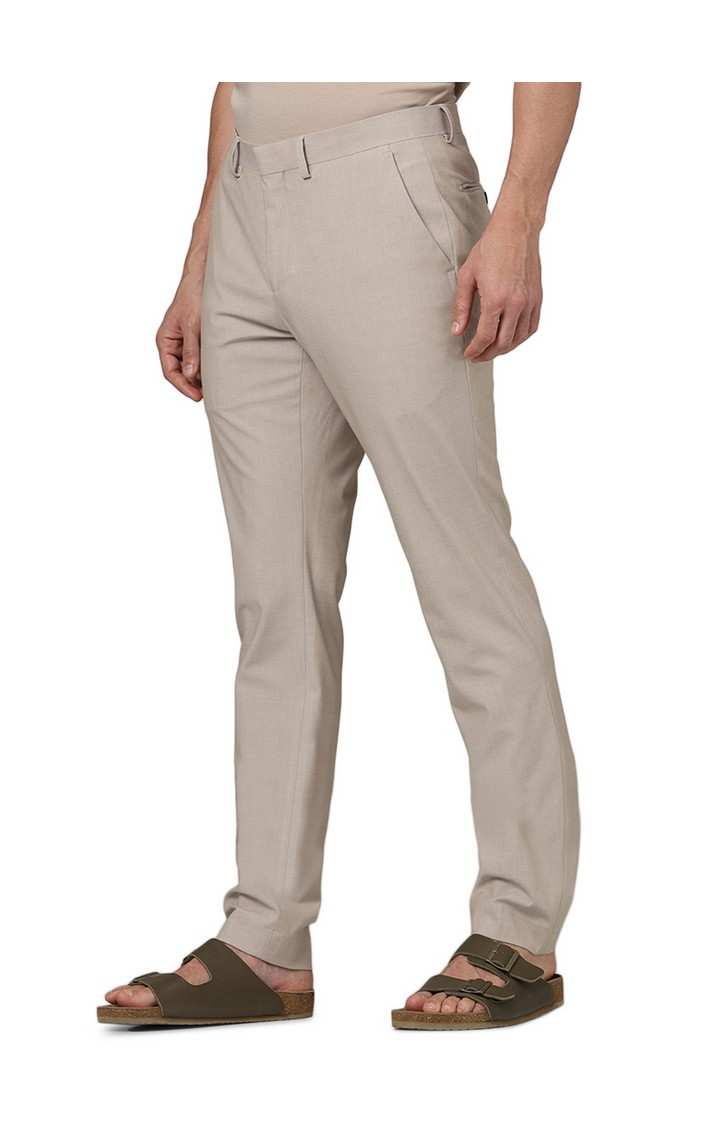 Celio Men Beige Solid Slim Fit Polyester Formal Trousers