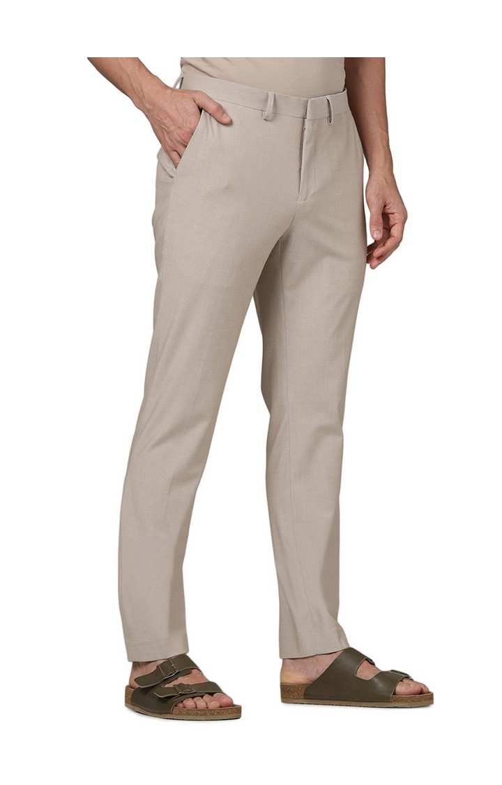 Celio Men Beige Solid Slim Fit Polyester Formal Trousers