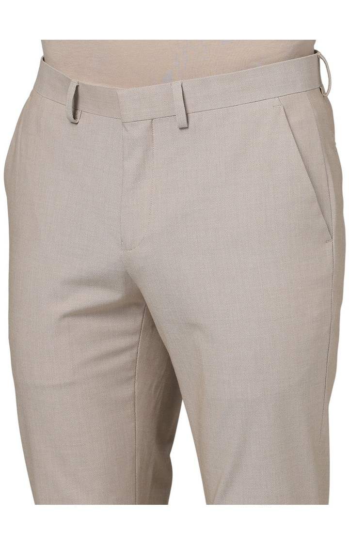 Celio Men Beige Solid Slim Fit Polyester Formal Trousers