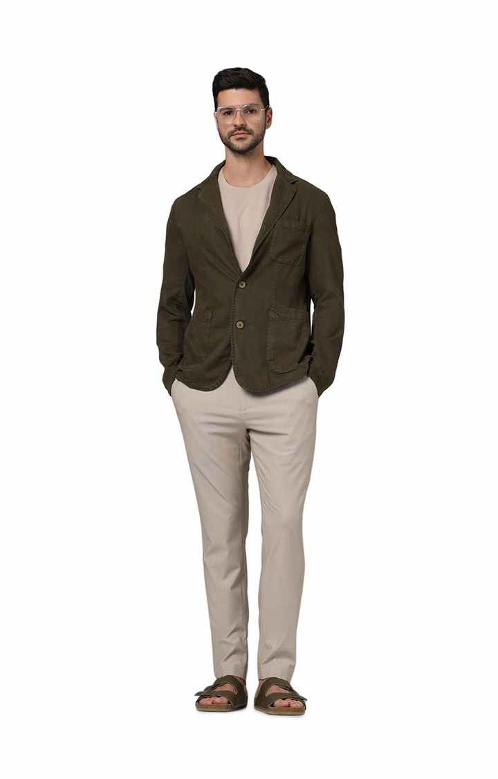 Celio Men Beige Solid Slim Fit Polyester Formal Trousers