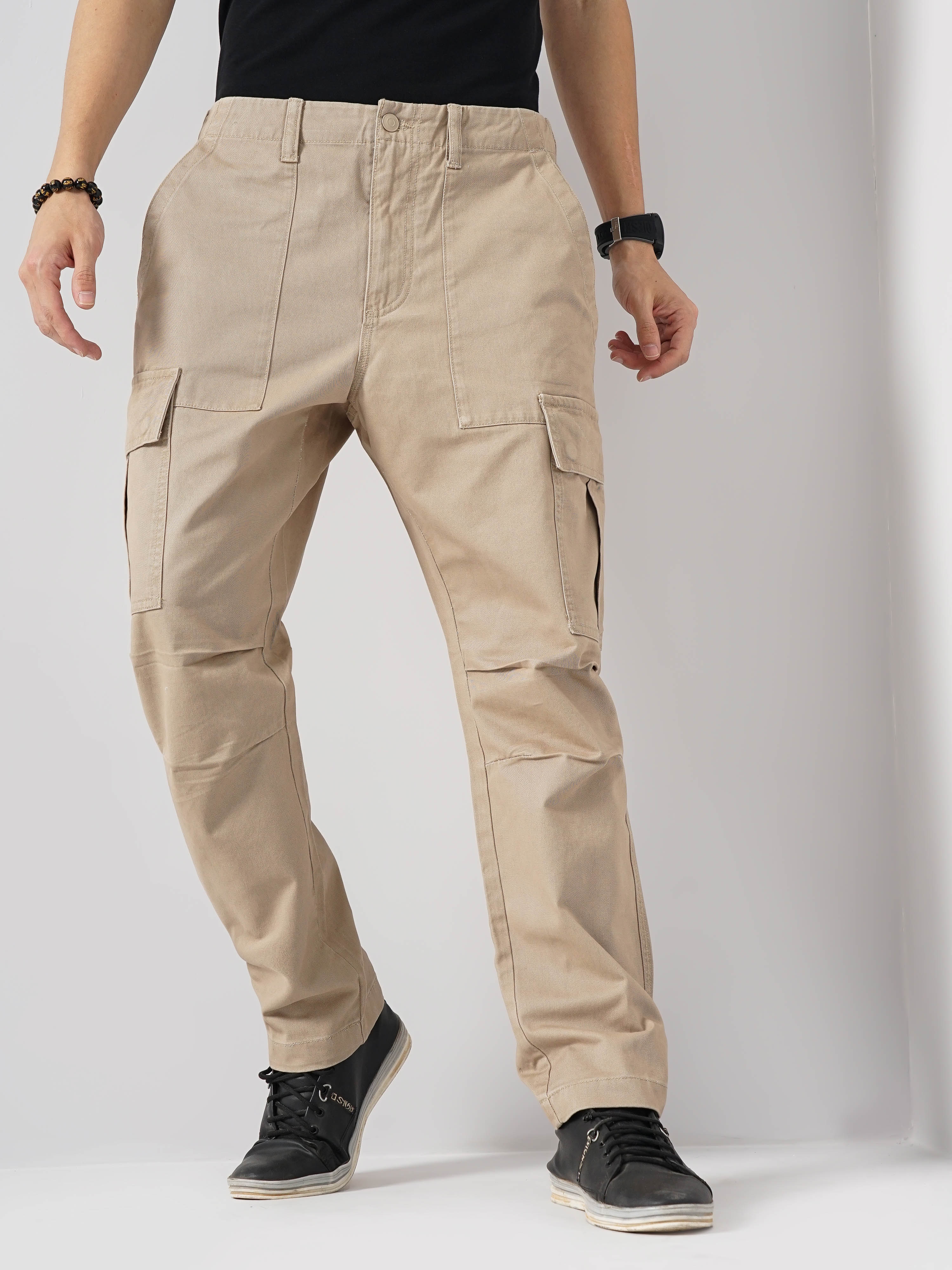 celio | Celio Men Beige Solid Straight Fit Cotton Cargo Trouser