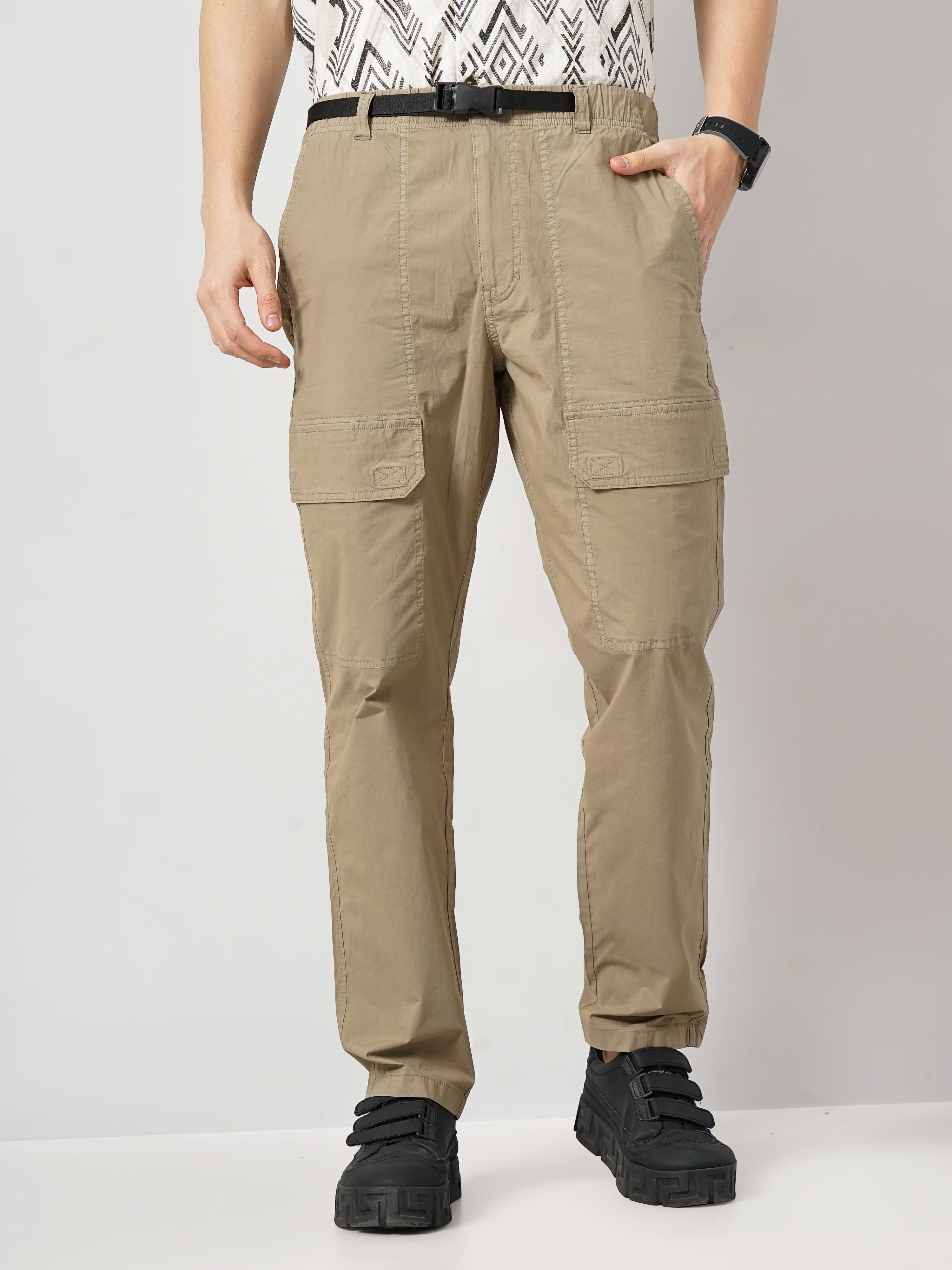 Celio Men Beige Solid Regular Fit Cotton Trousers