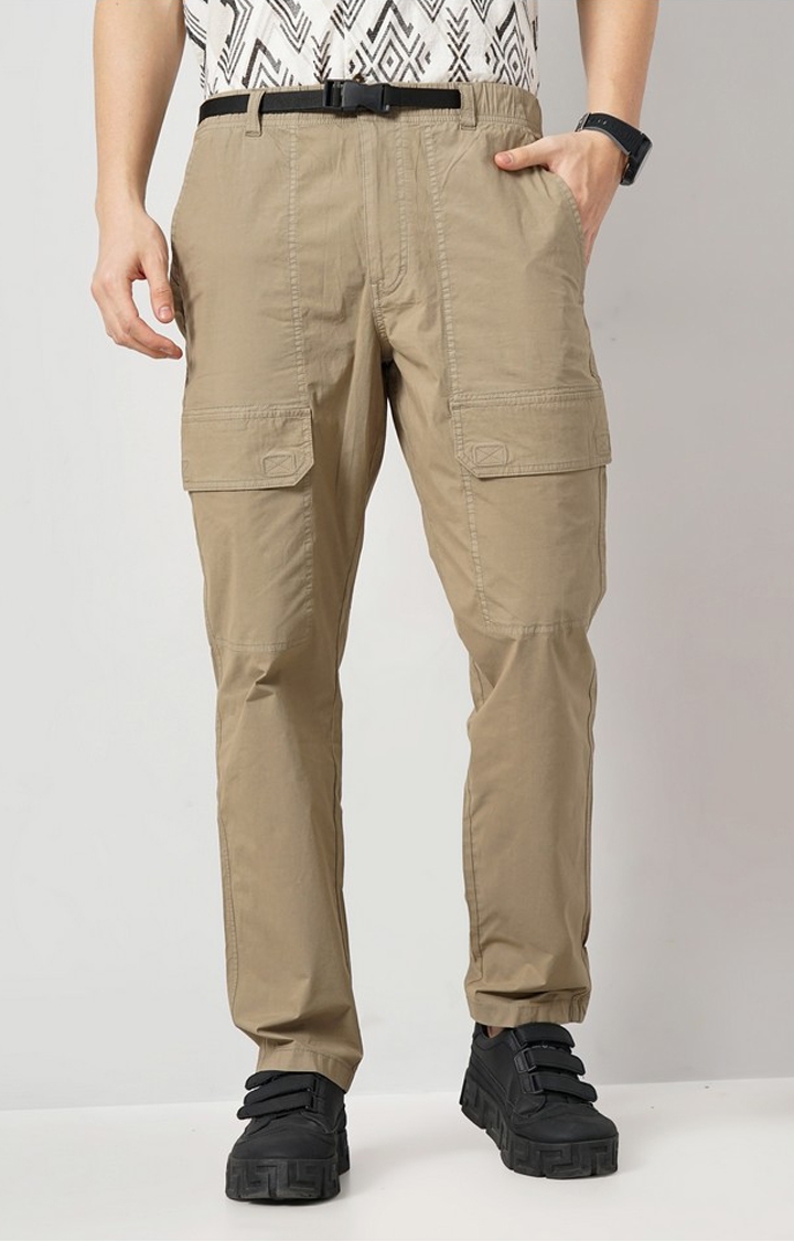 celio | Celio Men Beige Solid Regular Fit Cotton Cargo Trousers