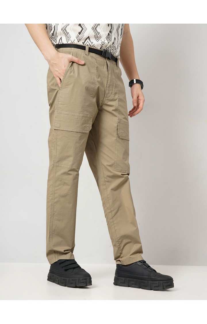 Celio Men Beige Solid Regular Fit Cotton Cargo Trousers