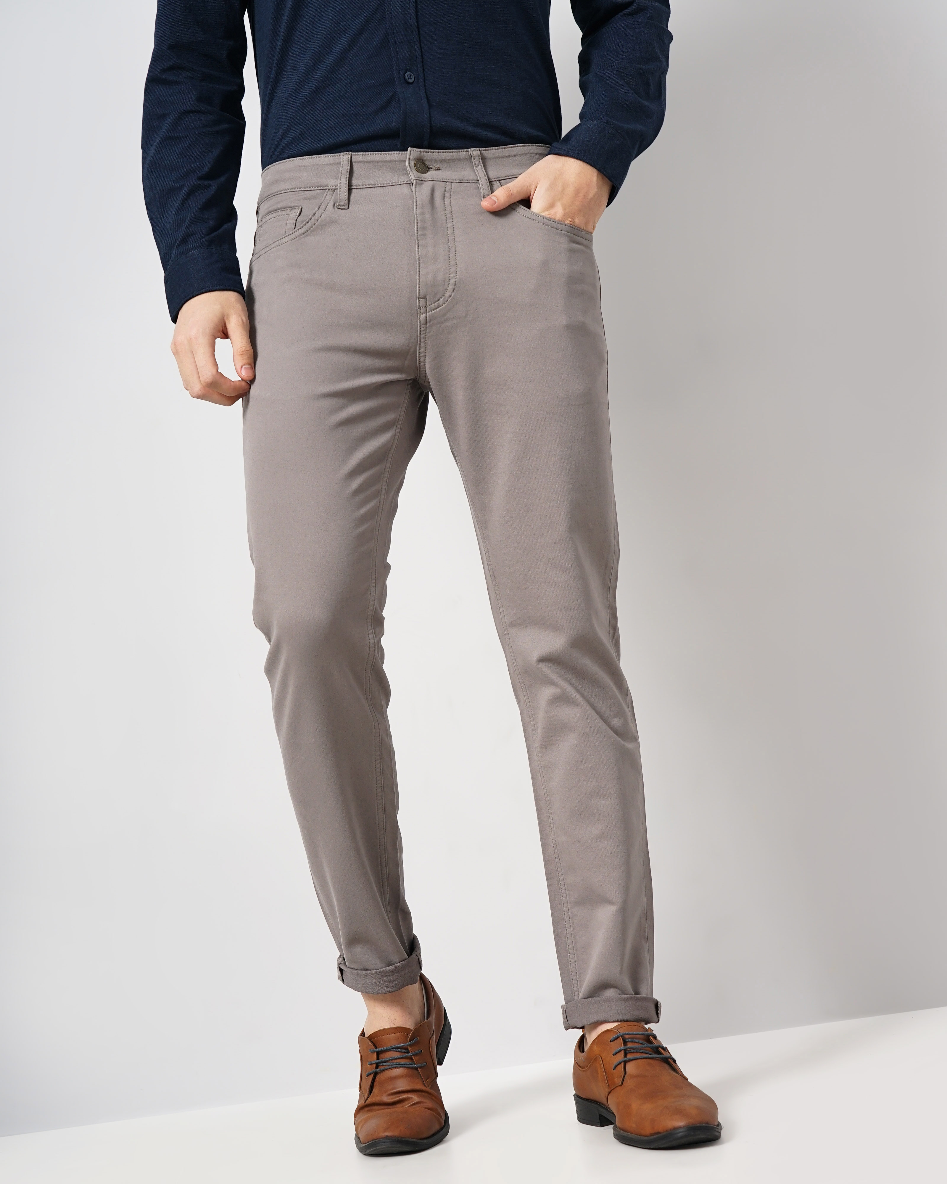 celio | Celio Men Beige Solid Slim Fit Dobby Cotton Pants Casual Trousers