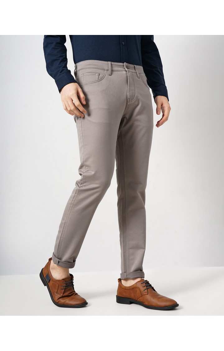 Celio Men Beige Solid Slim Fit Dobby Cotton Pants Casual Trousers