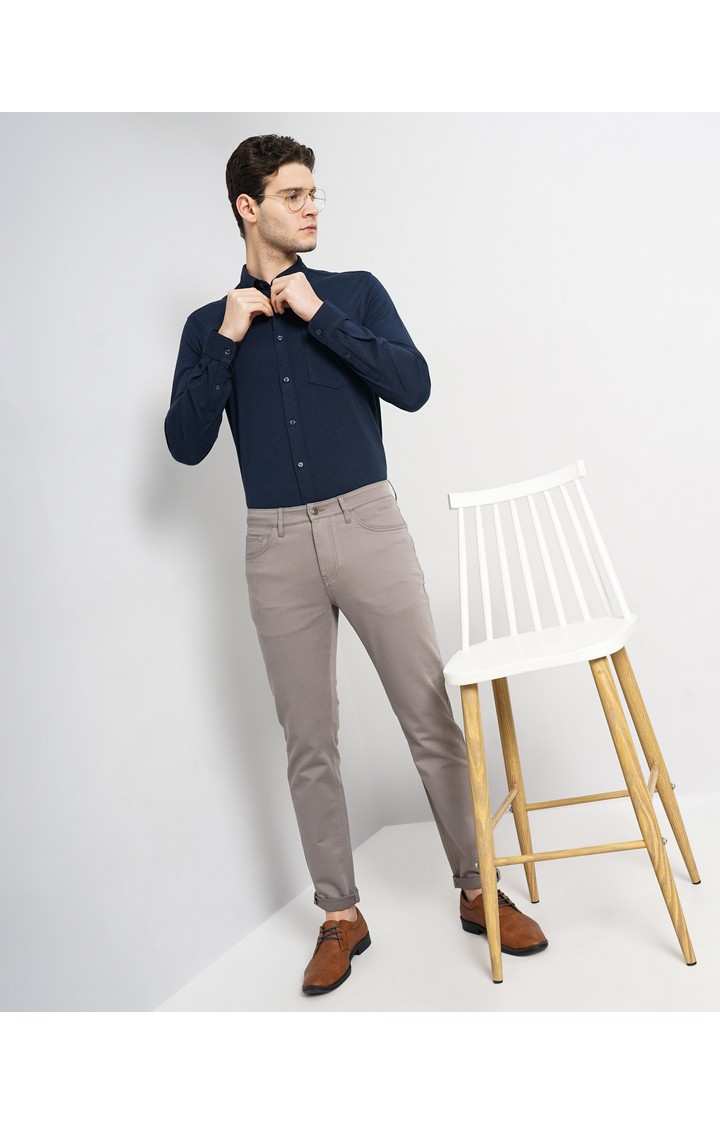 Celio Men Beige Solid Slim Fit Dobby Cotton Pants Casual Trousers