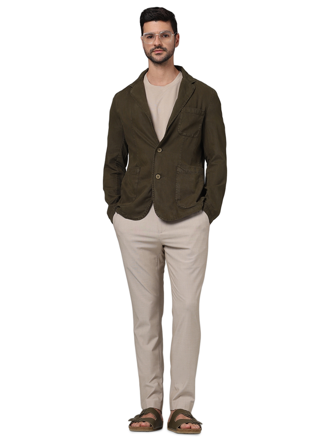 Celio Men Beige Solid Slim Fit Polyester Formal Trousers