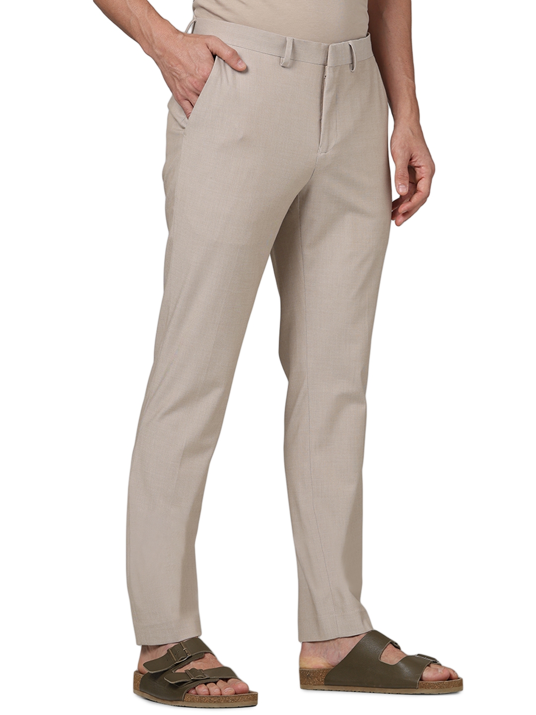 Celio Men Beige Solid Slim Fit Polyester Formal Trousers