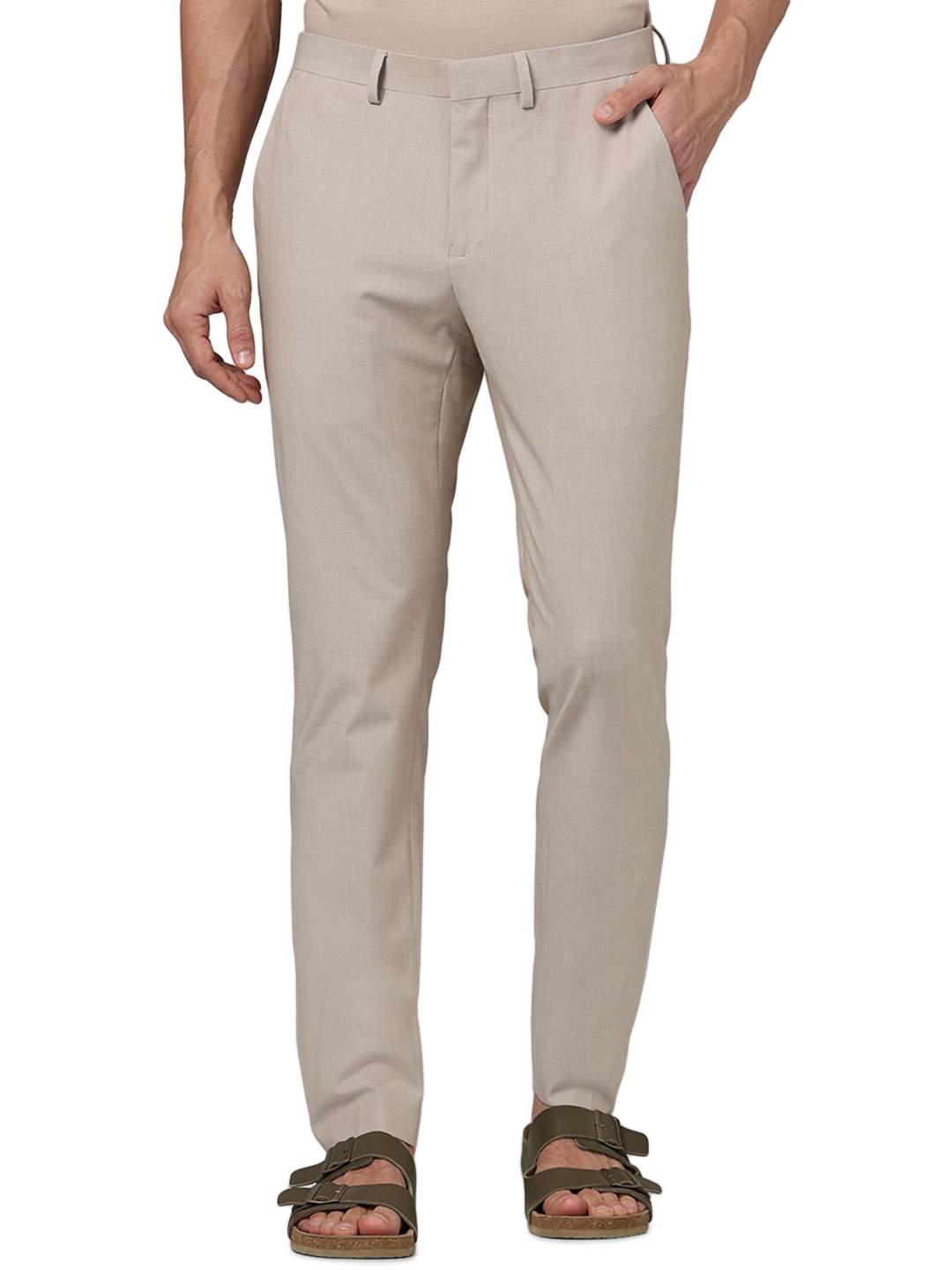 celio | Celio Men Beige Solid Slim Fit Polyester Formal Trousers
