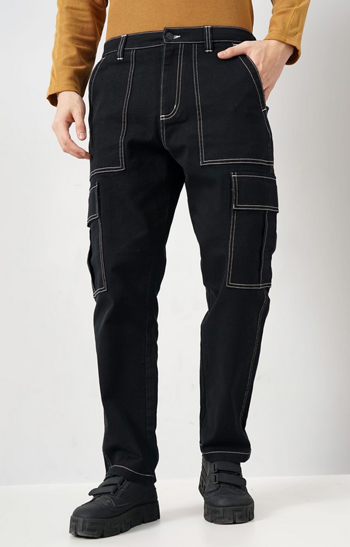 celio | Celio Men Black Solid Loose Fit Cotton Elastane Cargos Casual Trousers