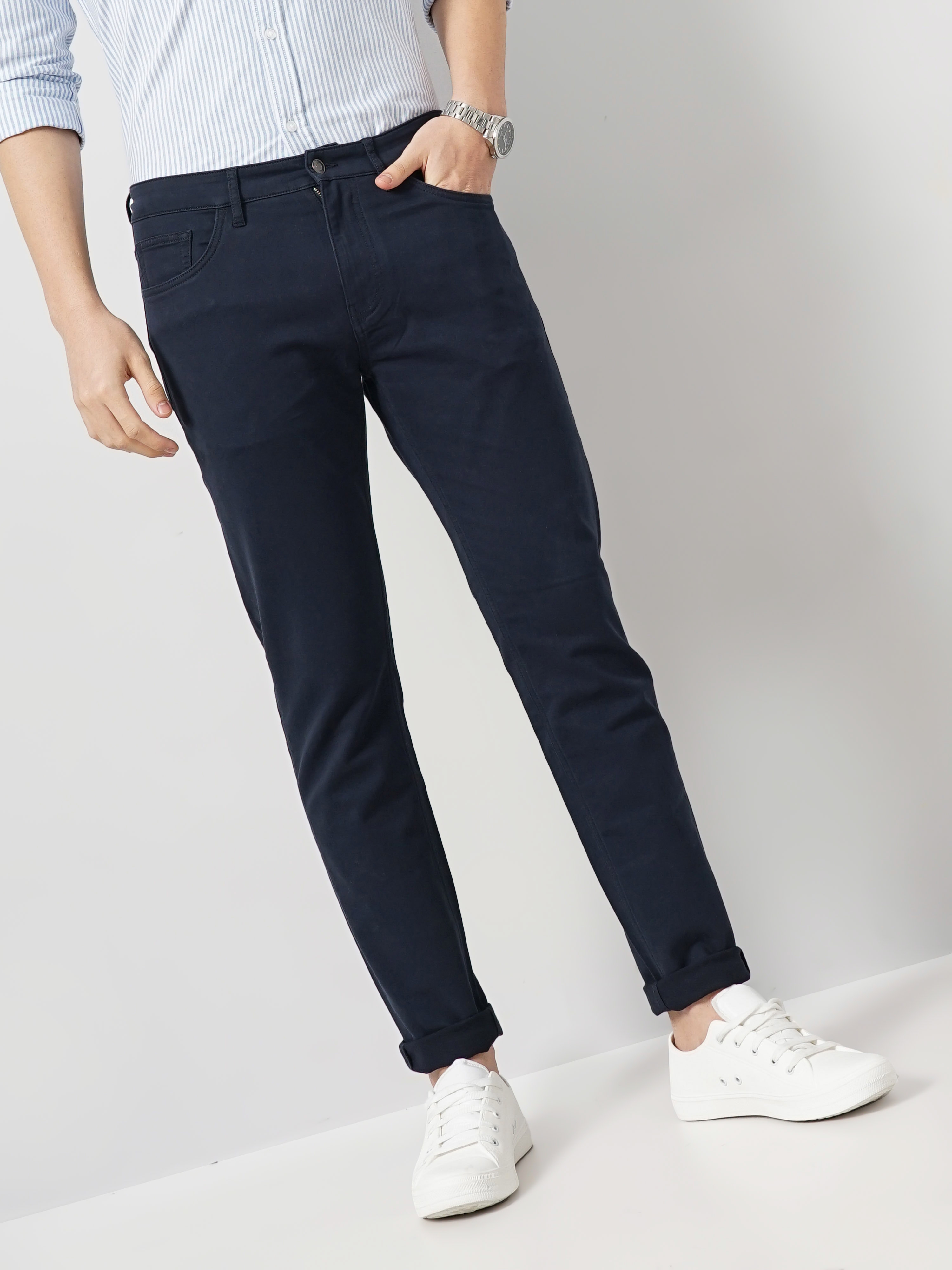 celio | Celio Men Navy Blue Solid Slim Fit Dobby Cotton Pants Casual Trousers