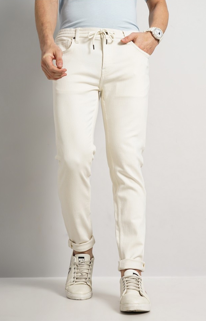celio | Celio Men Beige Slim Fit Cotton Denim Jogger Jeans