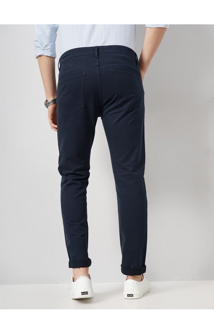 Celio Men Navy Blue Solid Slim Fit Dobby Cotton Pants Casual Trousers