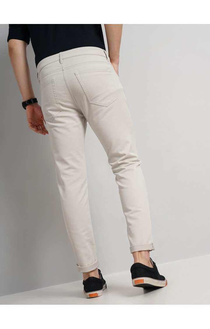 Celio Men Beige Solid Slim Fit Dobby Cotton Pants Casual Trousers