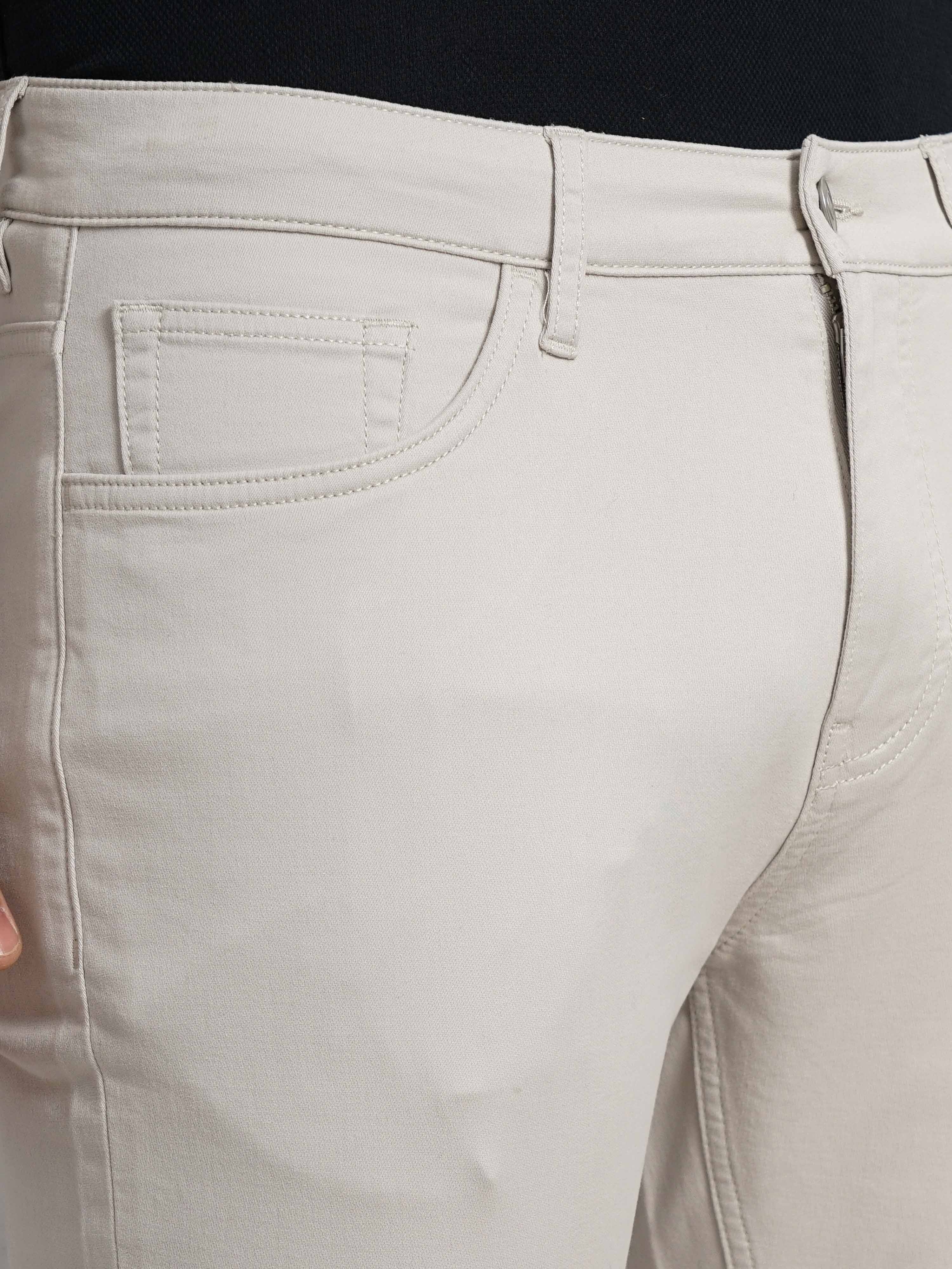 Celio Men Beige Solid Slim Fit Dobby Cotton Pants Casual Trousers