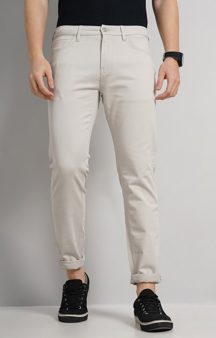 celio | Celio Men Beige Solid Slim Fit Dobby Cotton Pants Casual Trousers