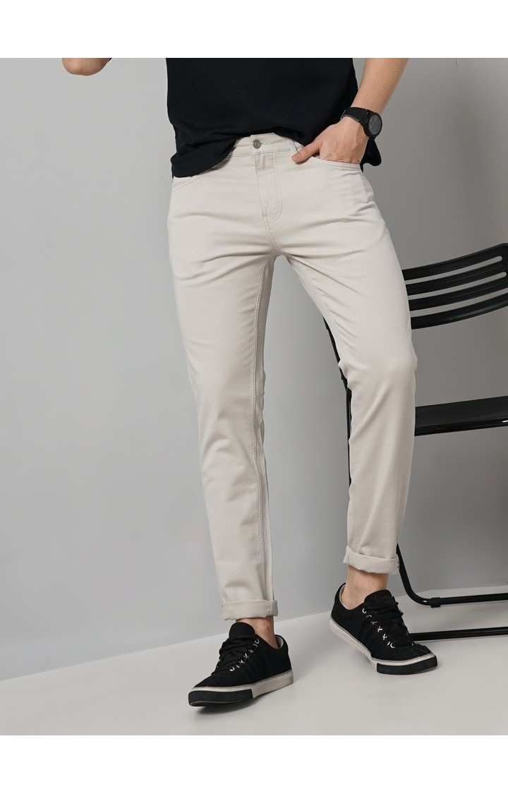 Celio Men Beige Solid Slim Fit Dobby Cotton Pants Casual Trousers