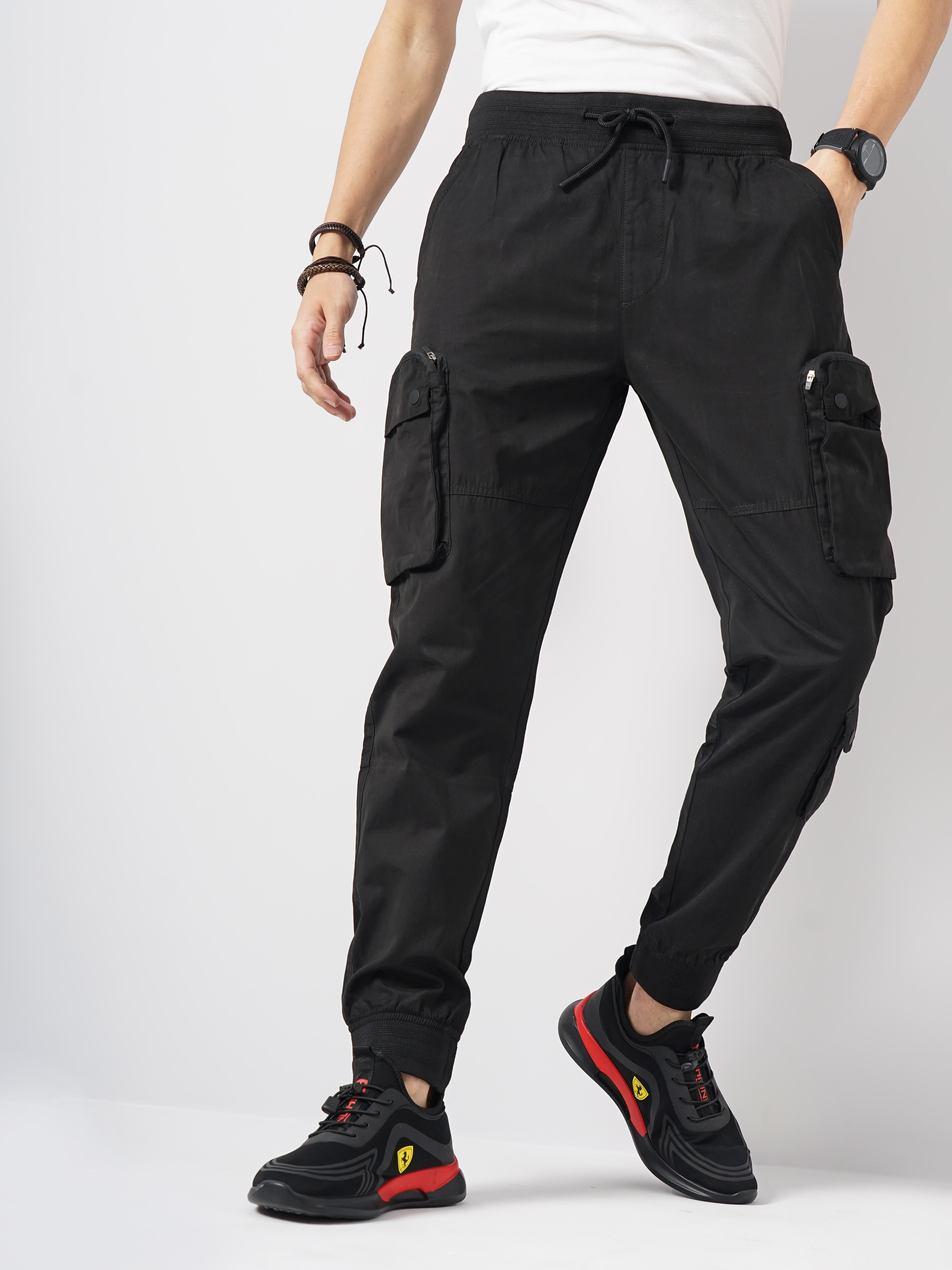 Celio Men Black Solid Regular Fit Polyester Cargo Trouser