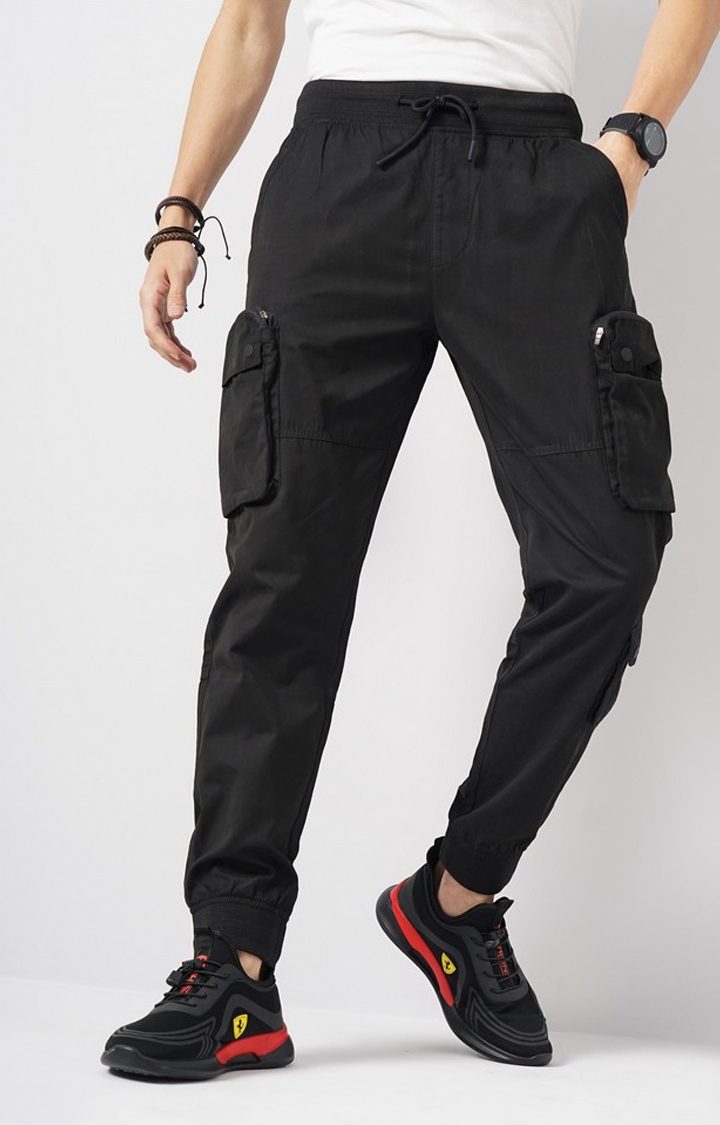 celio | Celio Men Black Solid Regular Fit Polyester Cargo Trouser