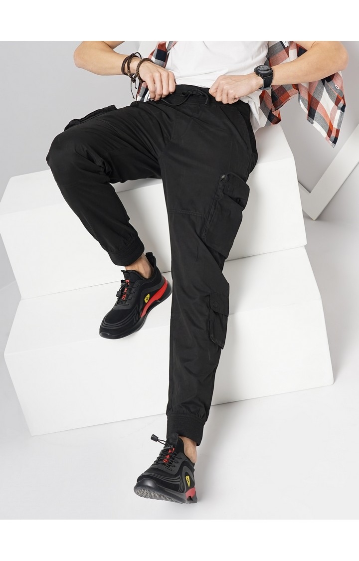 Celio Men Black Solid Regular Fit Polyester Cargo Trouser