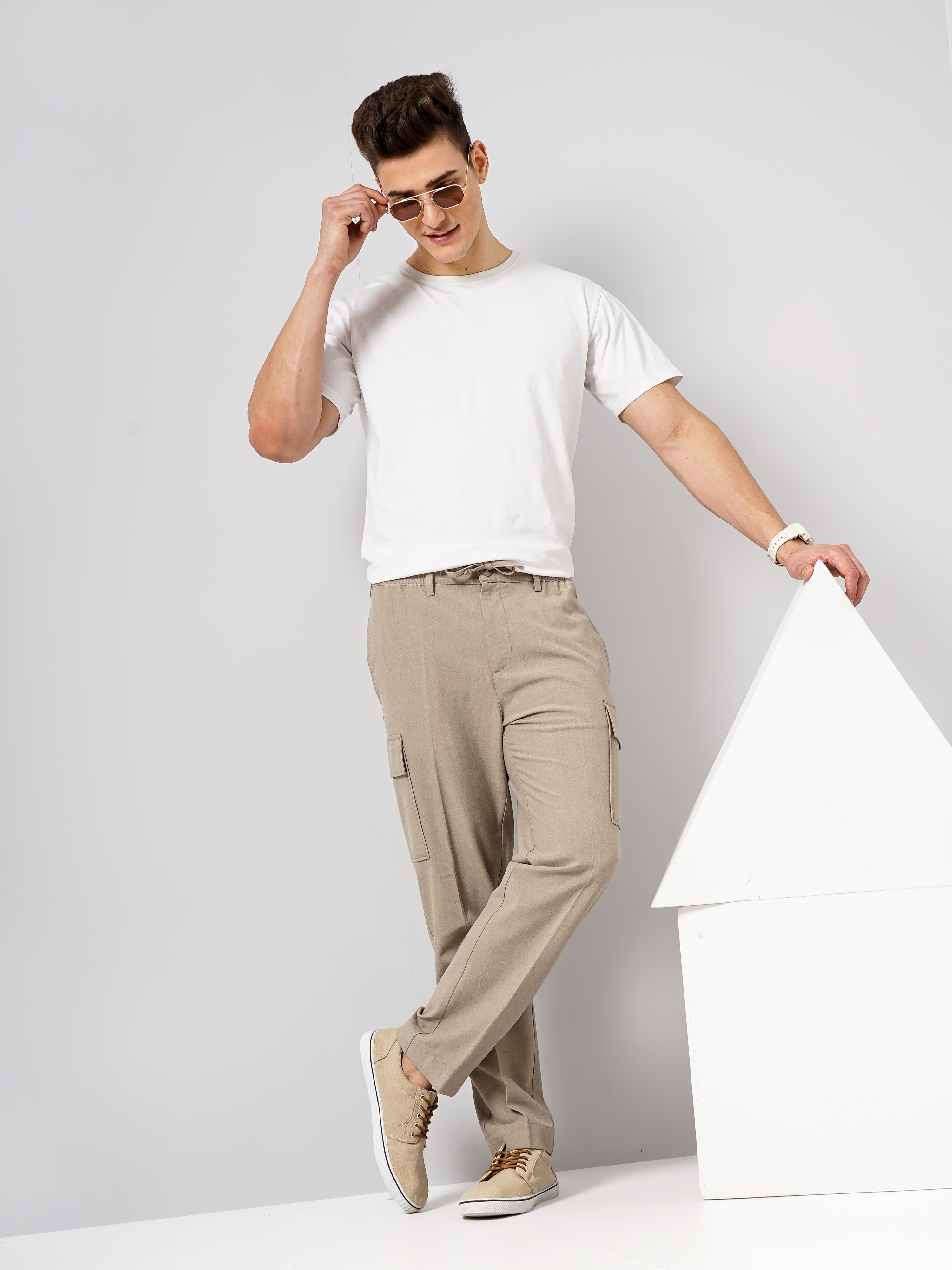 Celio Men Beige Solid Straight Fit Polyester Cargo Trousers