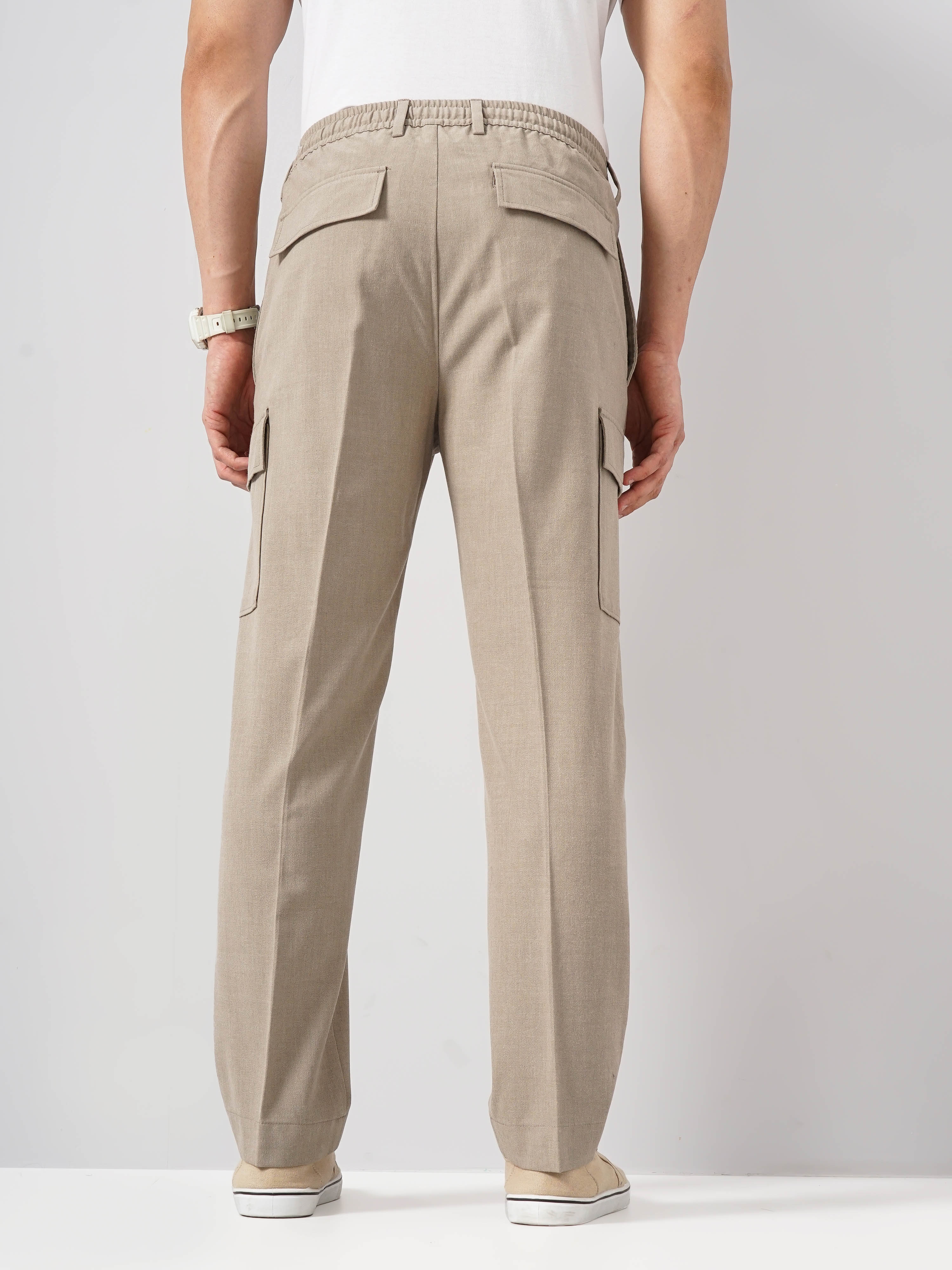 Celio Men Beige Solid Straight Fit Polyester Cargo Trousers