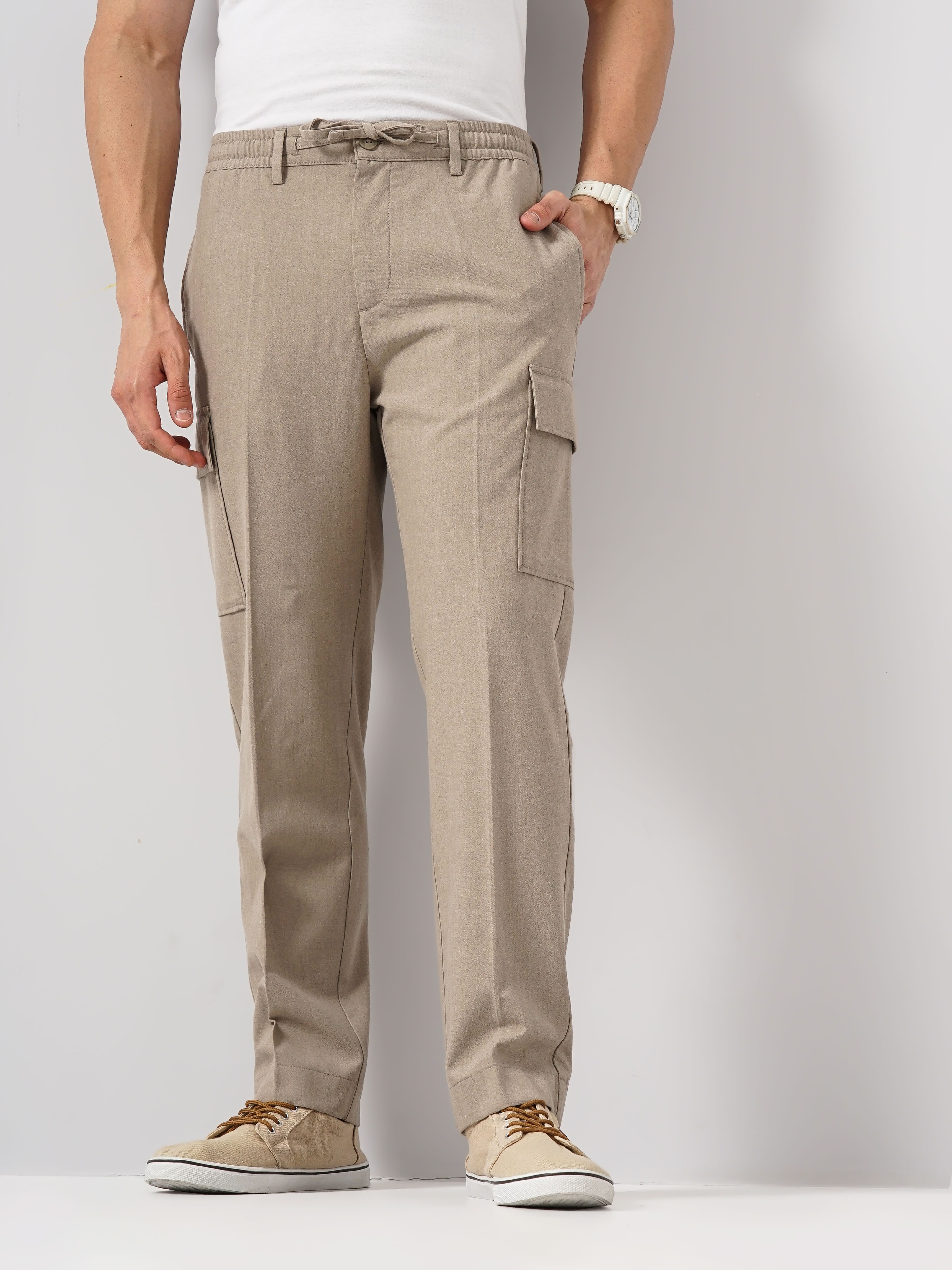 celio | Celio Men Beige Solid Straight Fit Polyester Cargo Trousers