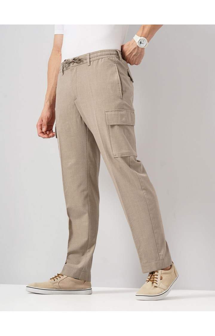 Celio Men Beige Solid Straight Fit Polyester Cargo Trousers