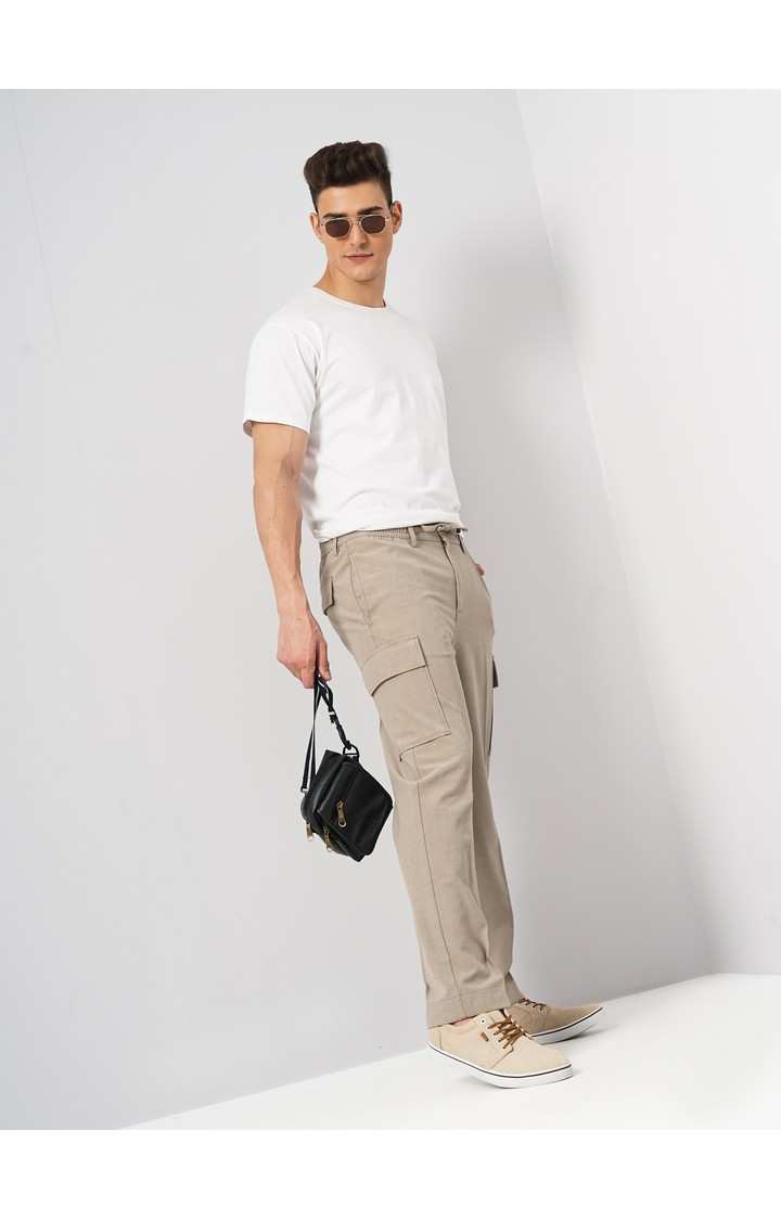 Celio Men Beige Solid Straight Fit Polyester Cargo Trousers