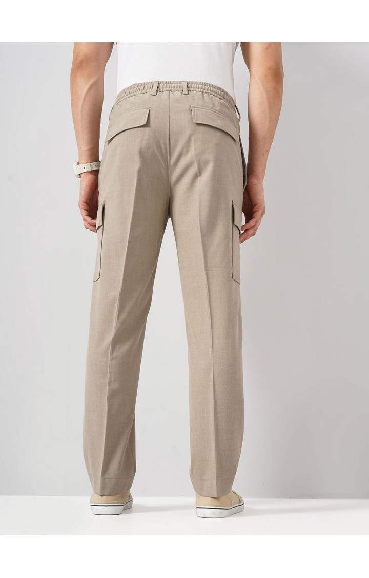 Celio Men Beige Solid Straight Fit Polyester Cargo Trousers