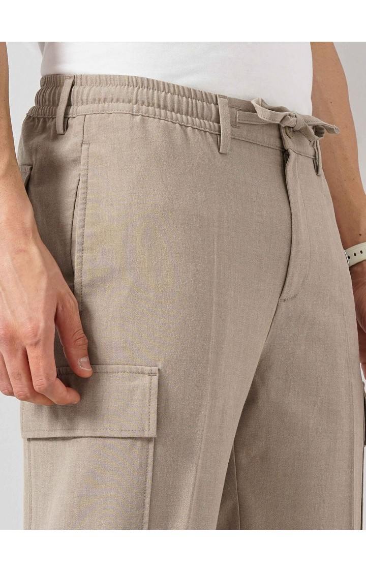 Celio Men Beige Solid Straight Fit Polyester Cargo Trousers