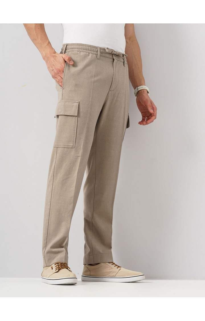 Celio Men Beige Solid Straight Fit Polyester Cargo Trousers