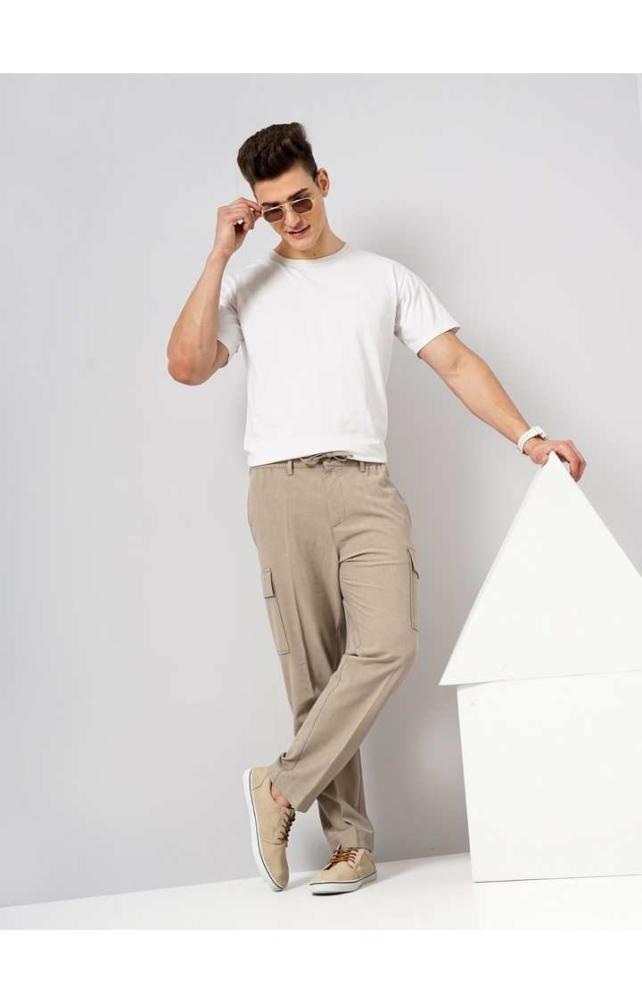 Celio Men Beige Solid Straight Fit Polyester Cargo Trousers