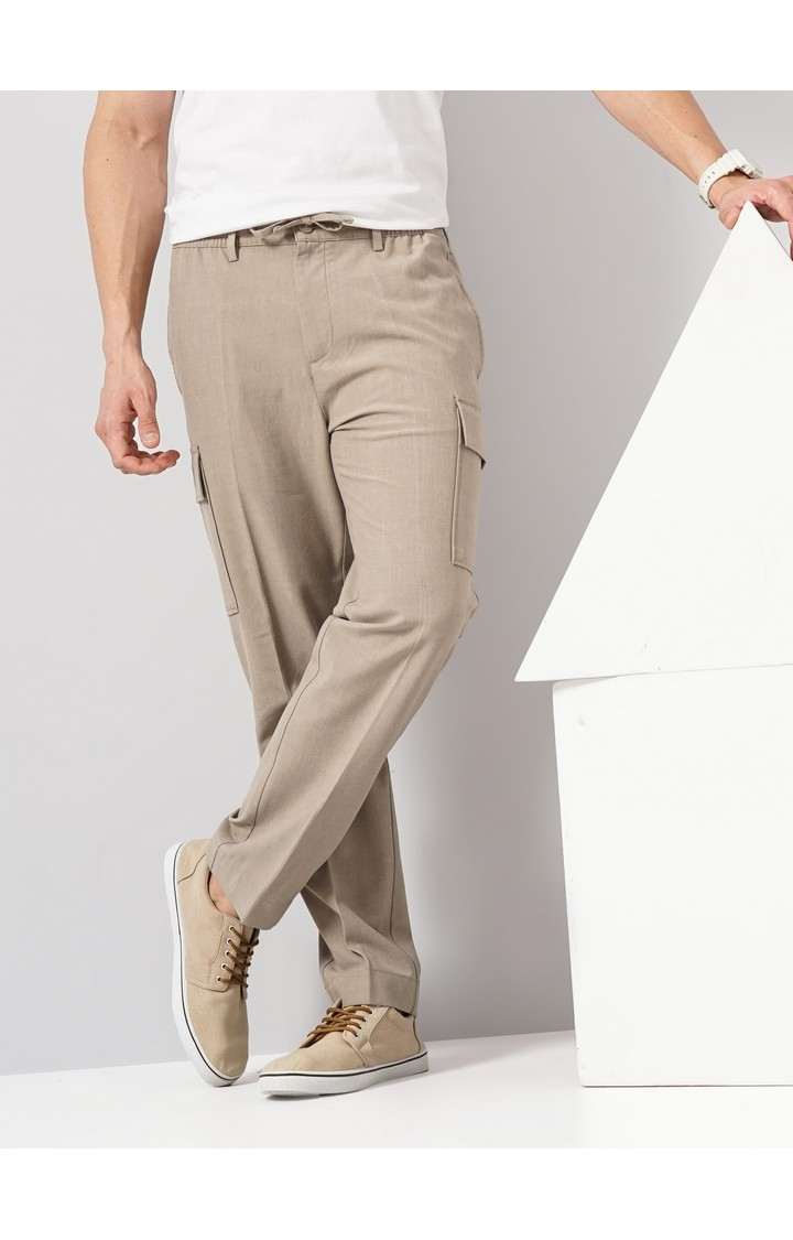 Celio Men Beige Solid Straight Fit Polyester Cargo Trousers