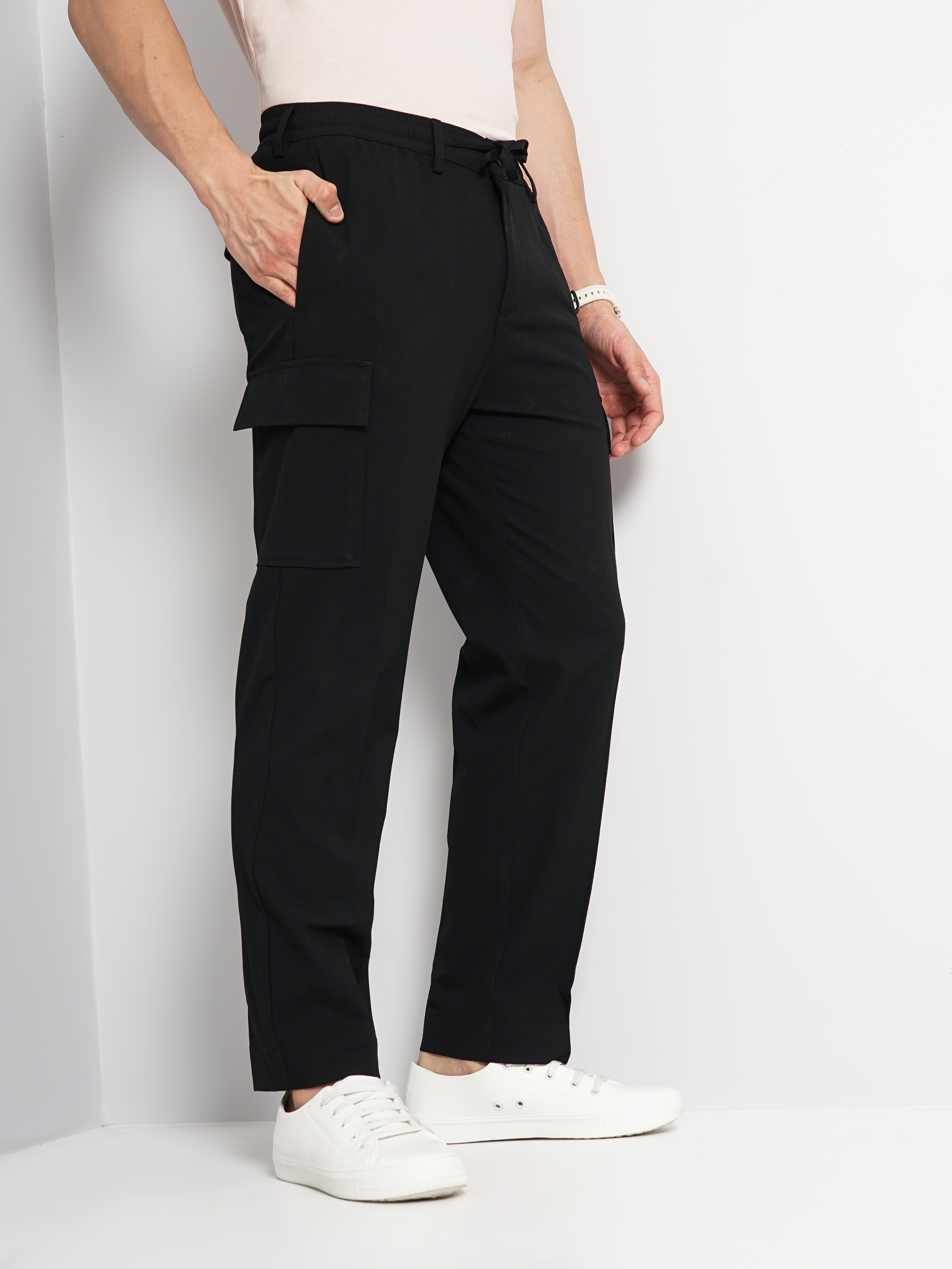 Celio Men Black Solid Straight Fit Polyester Cargo Trousers