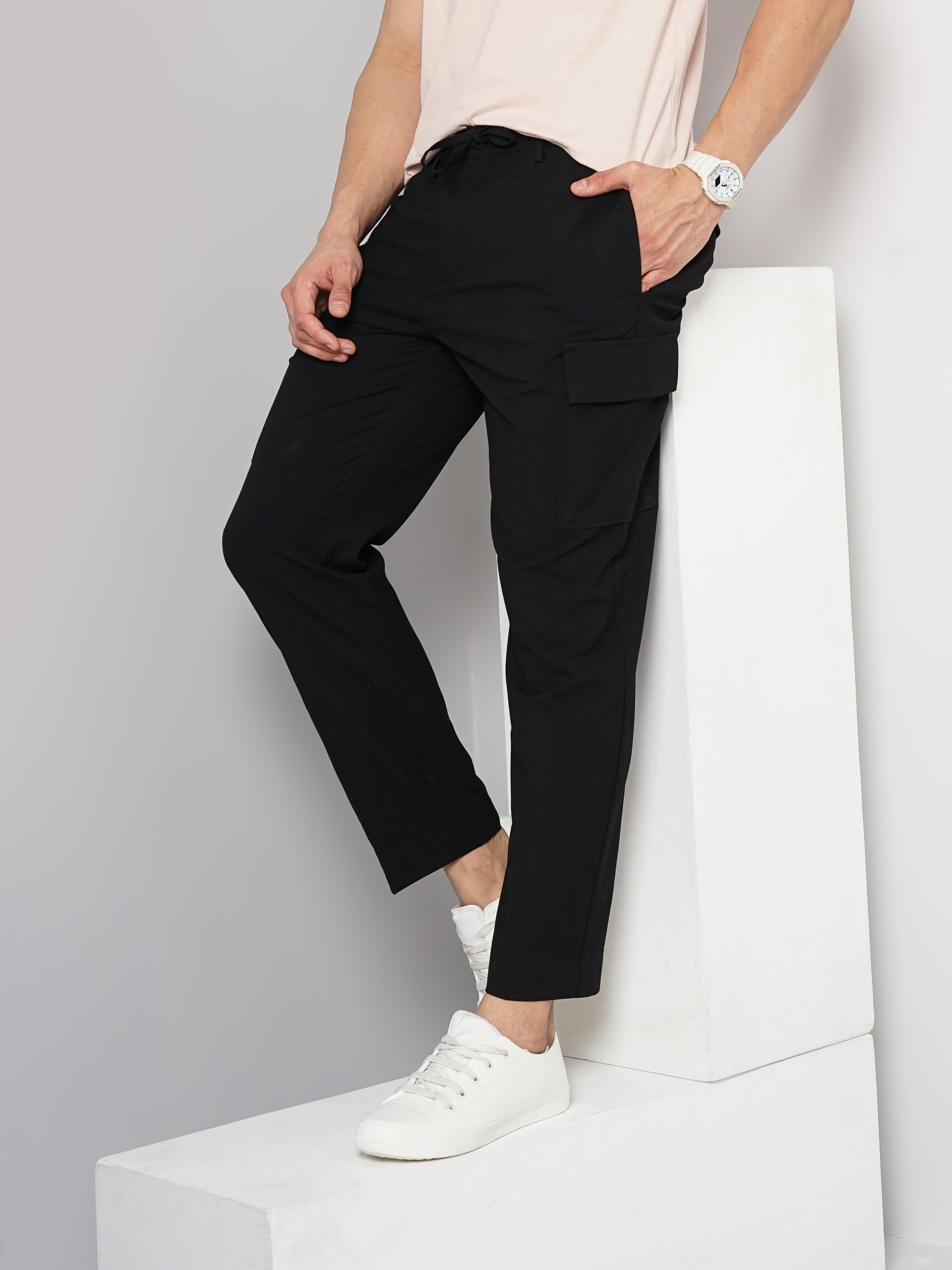 Celio Men Black Solid Straight Fit Polyester Cargo Trousers