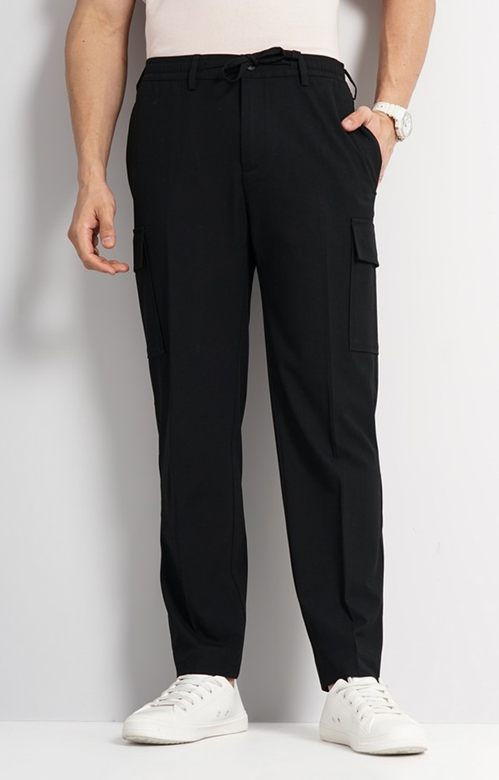 celio | Celio Men Black Solid Straight Fit Polyester Cargo Trousers
