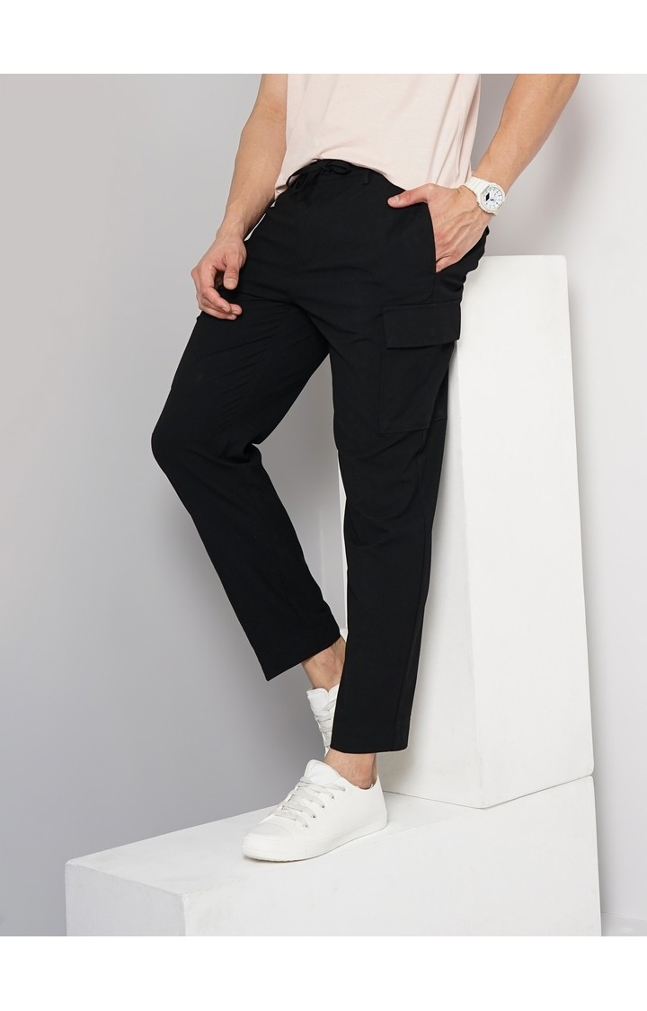 Celio Men Black Solid Straight Fit Polyester Cargo Trousers