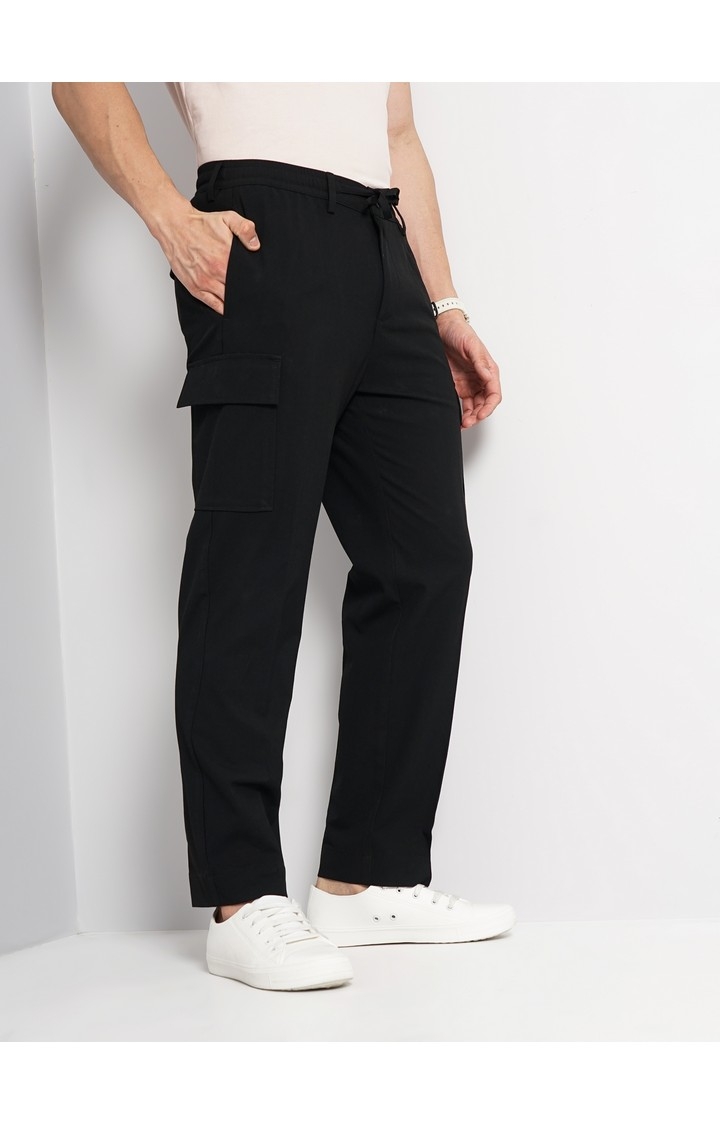 Celio Men Black Solid Straight Fit Polyester Cargo Trousers