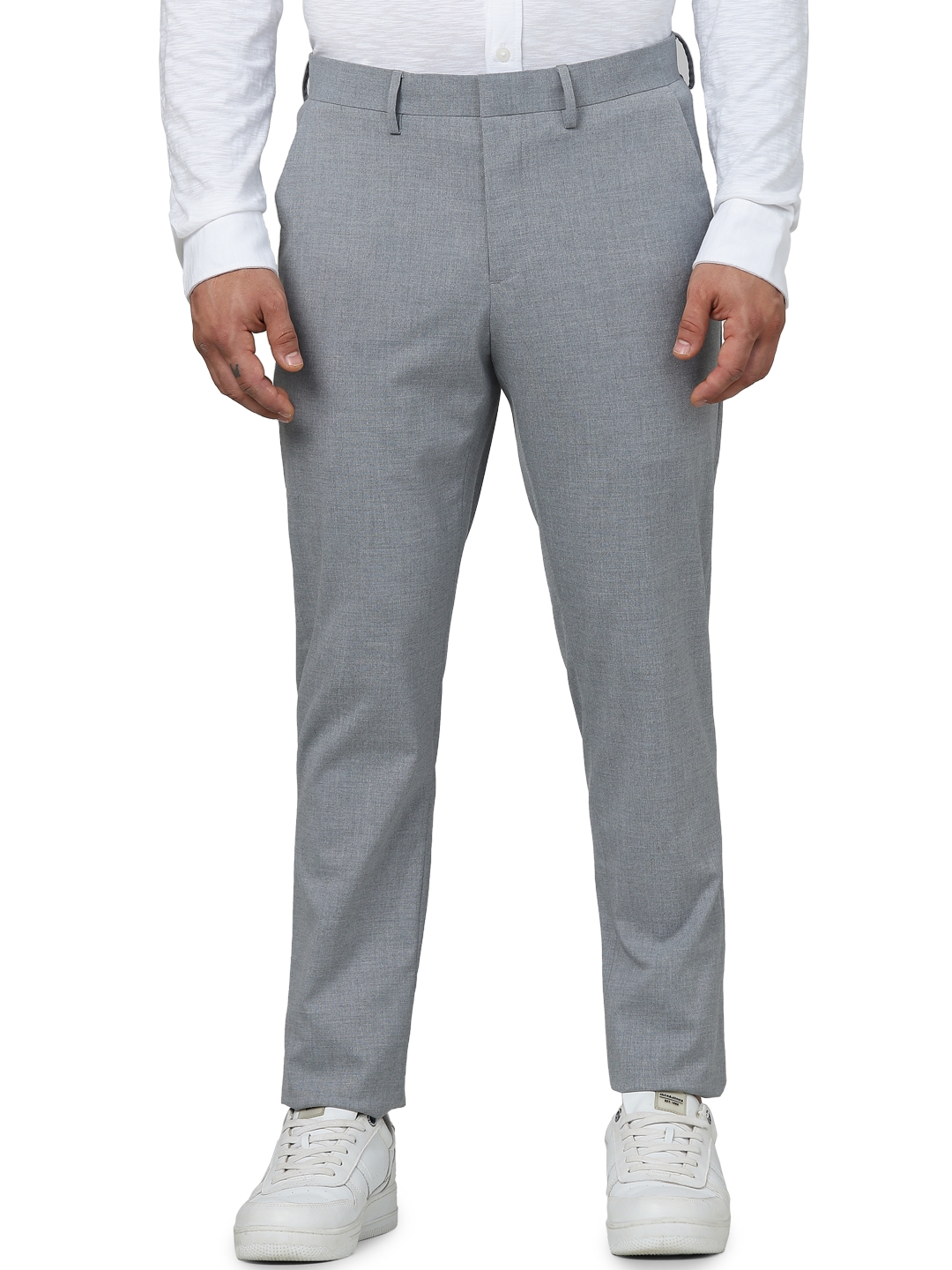 Celio Men Grey Solid Slim Fit Polyester Formal Trousers