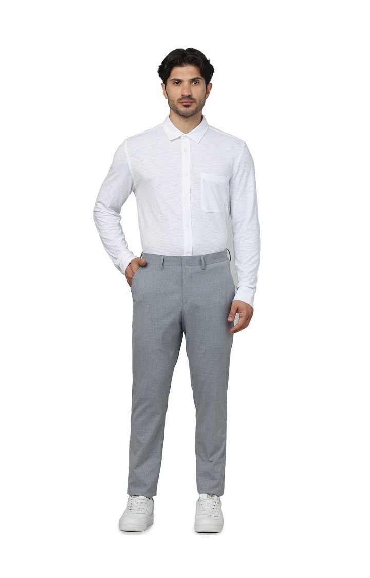 Celio Men Grey Solid Slim Fit Polyester Formal Trousers