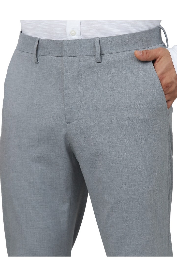 Celio Men Grey Solid Slim Fit Polyester Formal Trousers