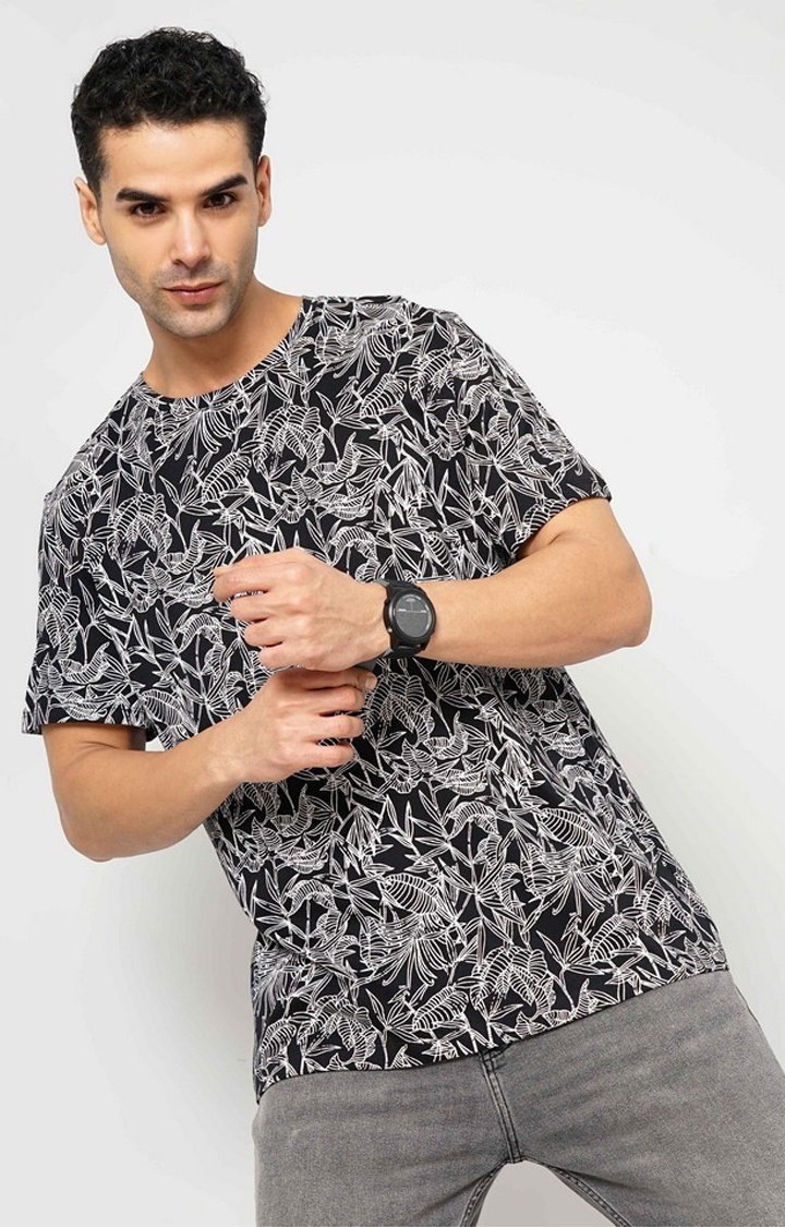 celio | Celio Men Black Printed Regular Fit Cotton Tshirts