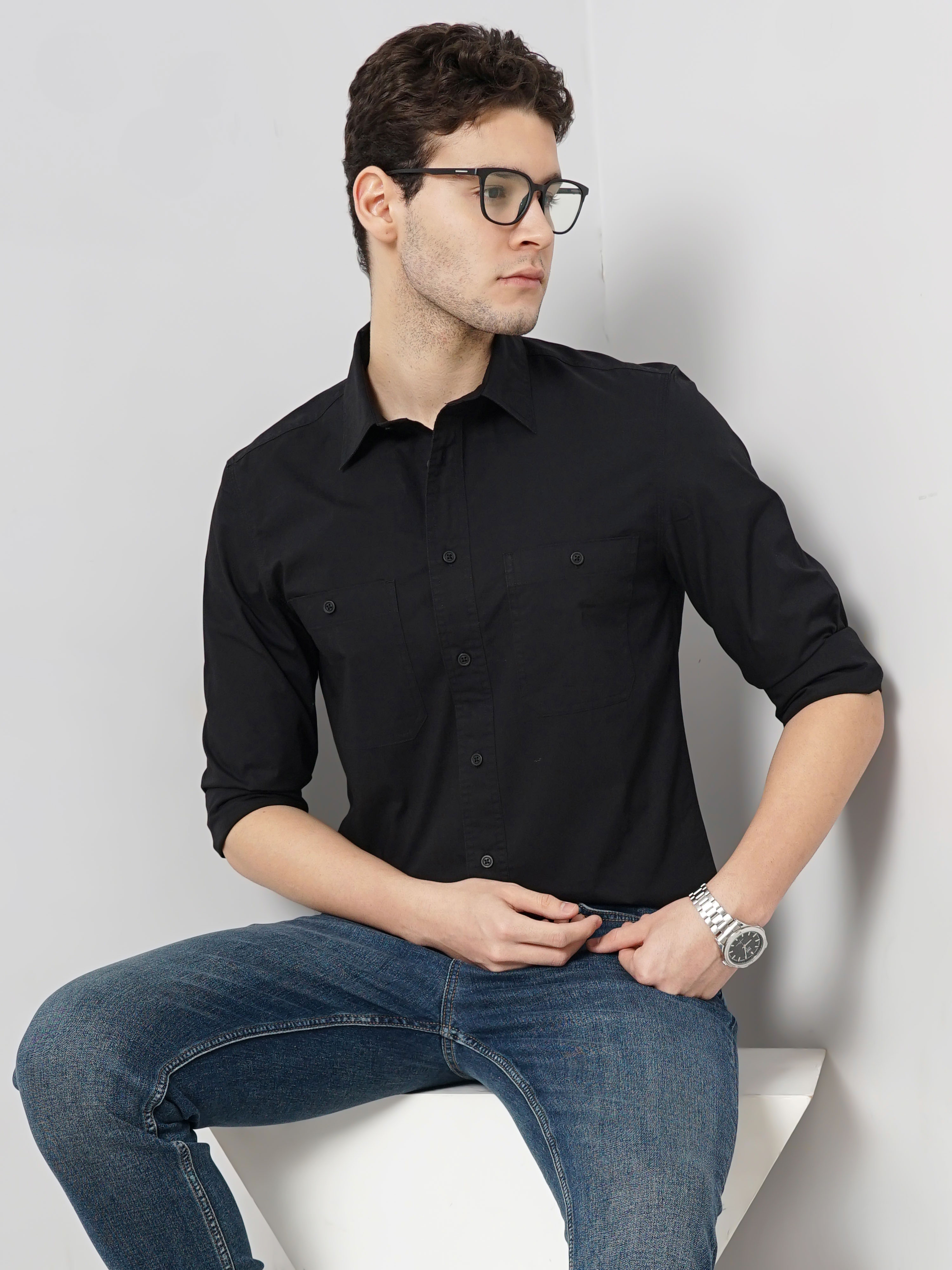 Celio Men Black Solid Regular Fit Cotton Casual Shirt