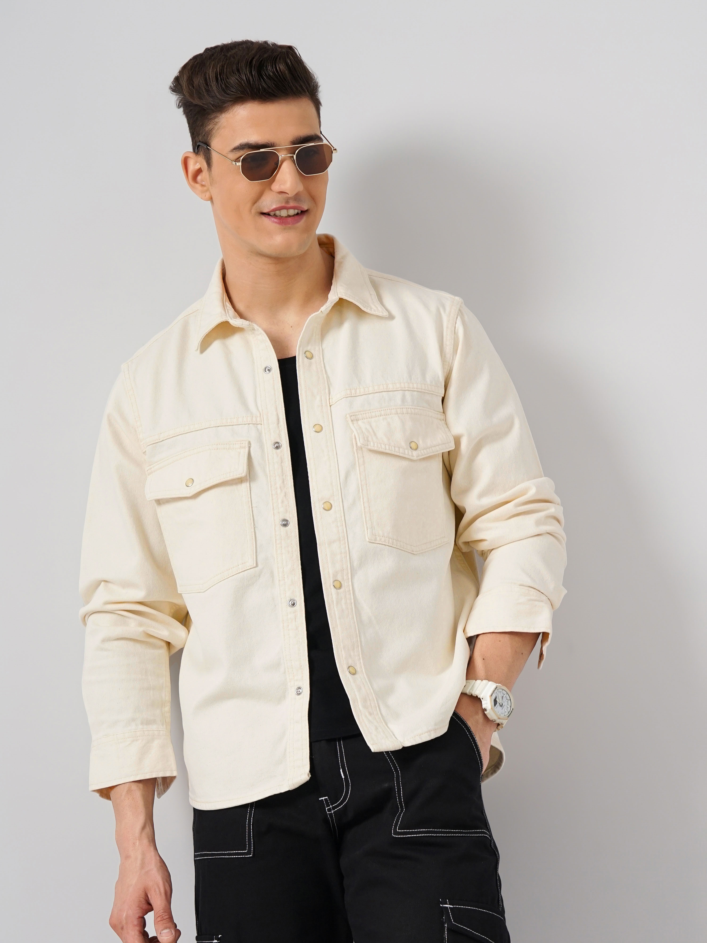 celio | Celio Men Off White Solid Oversized Cotton Casual Shirt