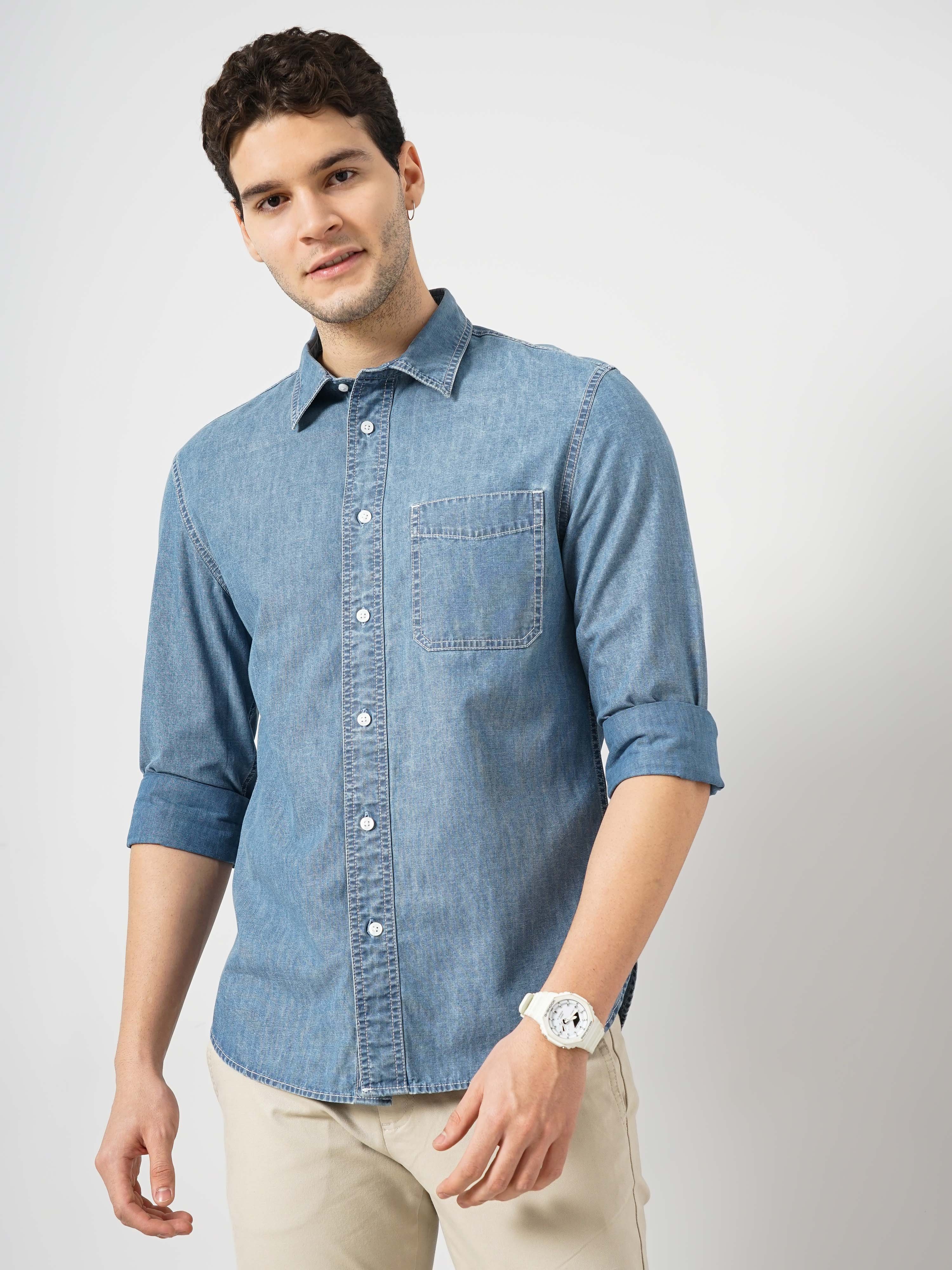 Celio Men Blue Faded Regular Fit Cotton Solid Denim Casual Shirt