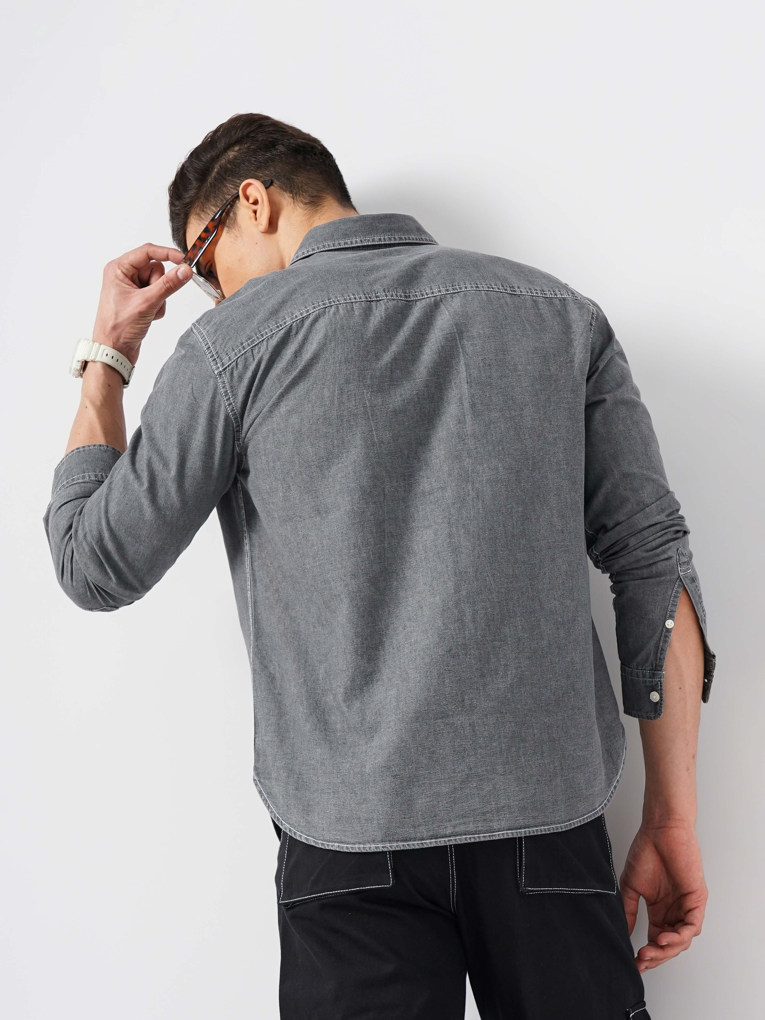 Celio Men Grey Solid Regular Fit Cotton Denim Shirt