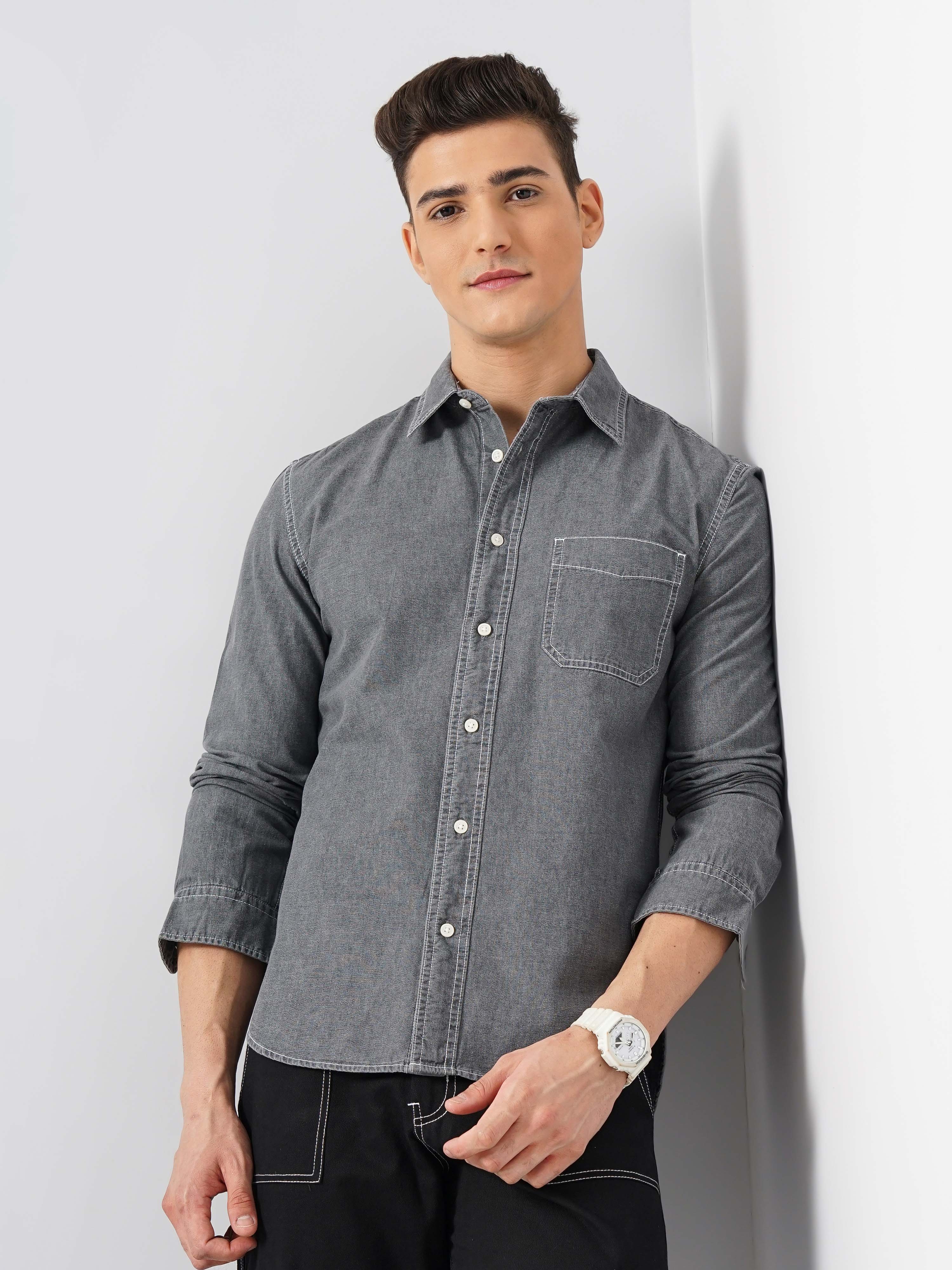 celio | Celio Men Grey Solid Regular Fit Cotton Denim Shirt