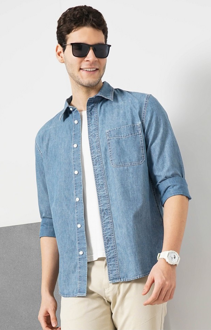 celio | Celio Men Blue Faded Regular Fit Cotton Solid Denim Casual Shirt